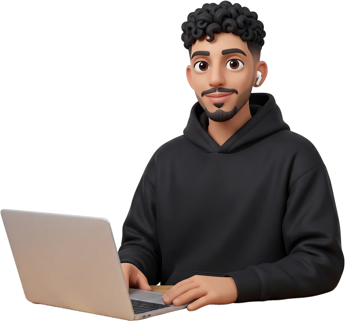 3D cartoon of Victor in a black hoodie with an earbud in, working on a laptop